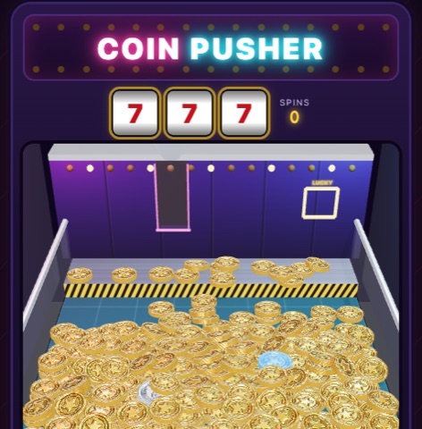 The Coin Pusher machine, full of gold coins
